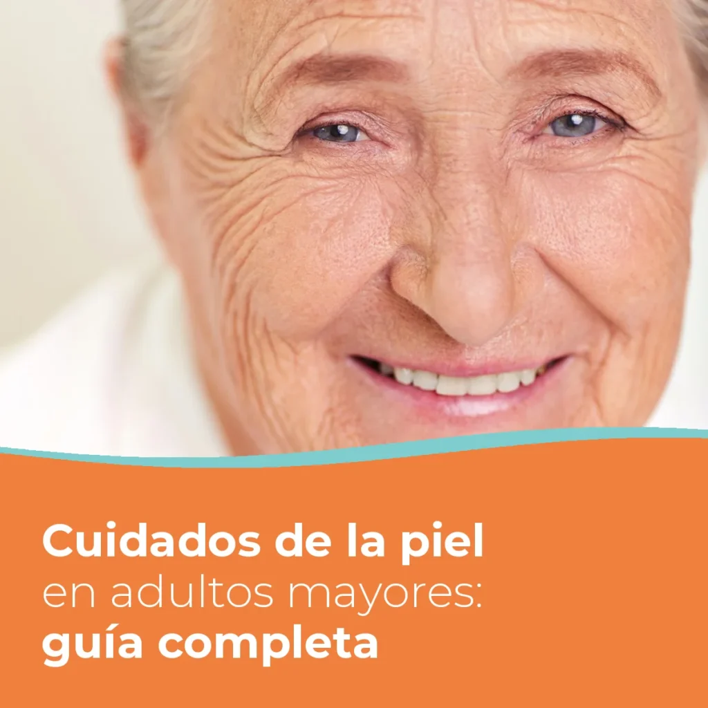 Mujer mayor sonriendo con la piel arrugada del rostro, imagen de portada de la guía de cuidados de la piel en adultos mayores